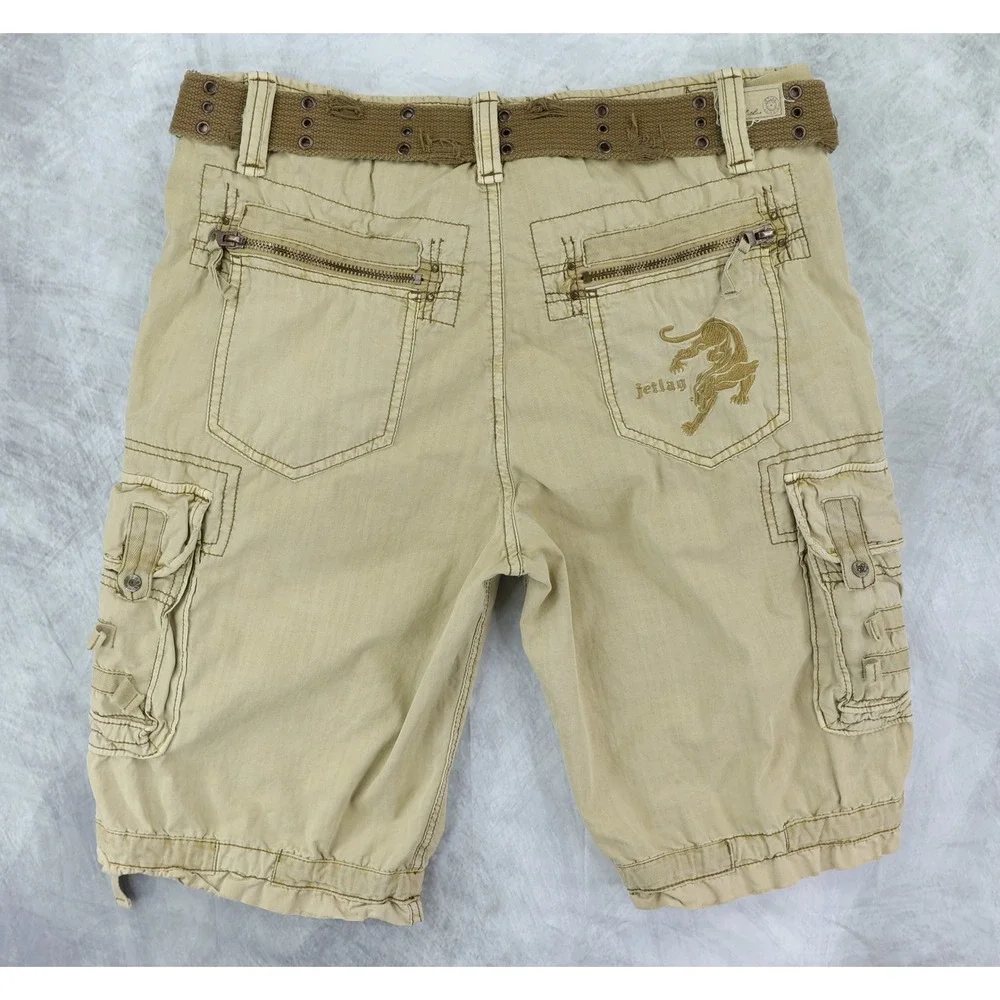 Jet Lag Cargo Shorts Mens 38 Tan Distressed Gorpcore Vintage Y2K Streetwear Belt
